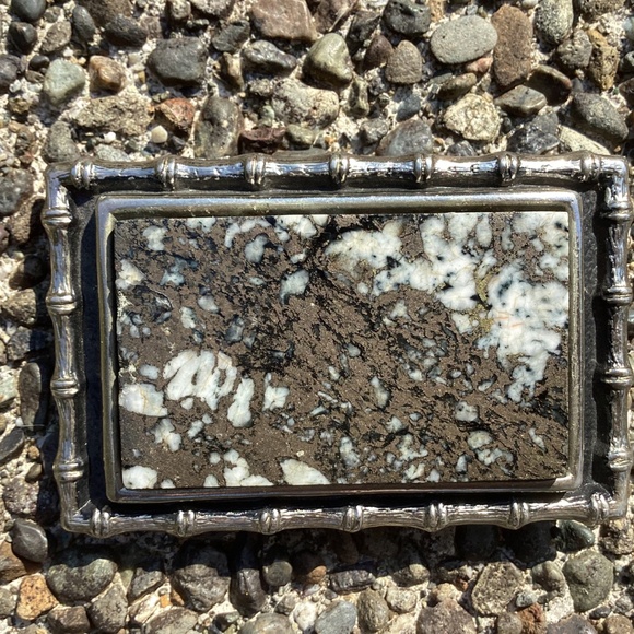 Vintage Bright Pyrite Artisan Stone On Outlined Rectangular Metal Belt Buckle - Picture 9 of 13